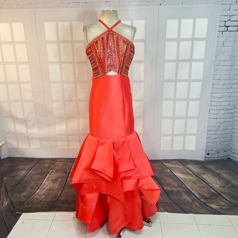 Rachel Allan Rhinestones Cross Halter Ruffle Mermaid Satin Gown pink or salmon c